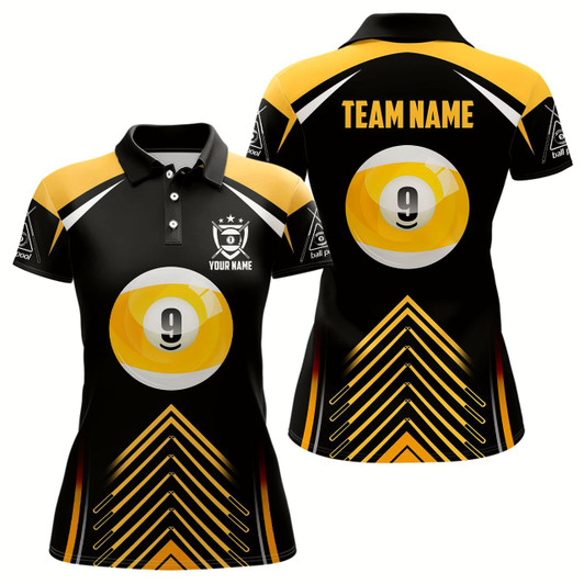 Goofygear 9 Ball Black Yellow Version Custom Billiard Polo Shirts For Women, 9 Ball Pool Billiards Jerseys