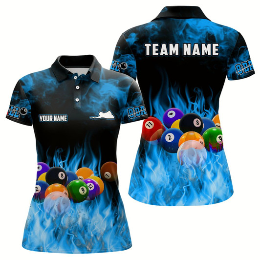 Goofygear Personalized Billiard Balls Flame Billiard Blue 3D Polo Shirts For Women, Custom 8 Ball Pool Jerseys