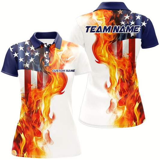 Goofygear Fire American Flag Custom Patriotic Bowling Shirts For Women, Flame Us Bowling Shirt Style 3