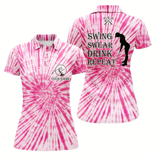 Goofygear Funny Womens Golf Polos Shirts Custom Name Swing Swear Drink Repeat Pink Tie Dye Pattern Golf Shirts