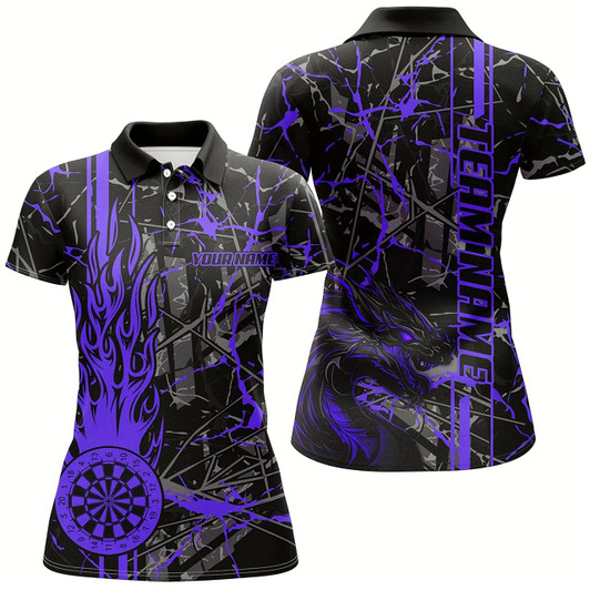 Goofygear Purple Grunge Dart Jerseys For Women, Fire Flame Dart Board Custom Name Dragon Darts League Shirts