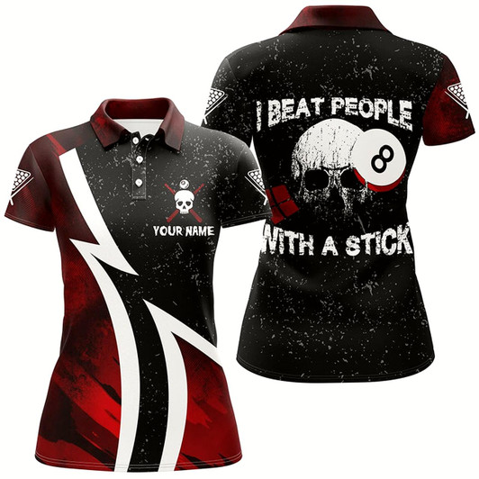 Goofygear Personalized I Beat People With A Stick 8 Ball Billiard Polo Shirts For Women, Skull Billiard Shirts