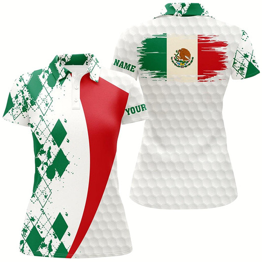 Goofygear Womens Golf Polos Shirts Custom Mexico Flag Green Argyle Pattern White Golf Ball Womens Tops