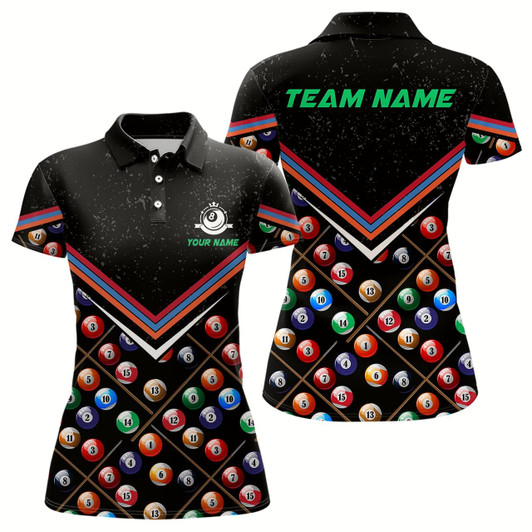 Goofygear Personalized 3D Billiard Balls Polo Shirts For Women, Custom Black Grunge 8 Ball Pool Team Shirts