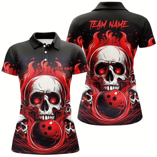 Goofygear Custom Red Skull Bowling Team Shirts, Flame Bowling Jerseys Bowlers Shirts For Women Style 1
