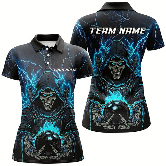 Goofygear Black And Blue Lightning Custom Skull Bowling Shirts For Women, Halloween Bowling Shirts