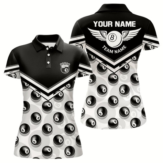 Goofygear Personalized Billiard 8 Ball Pattern Polo Shirts For Women, Custom Pool Billiards Jerseys