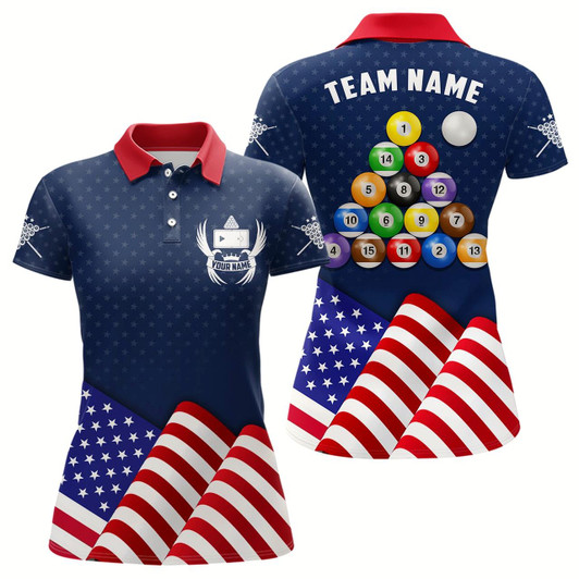 Goofygear Personalized Patriotic Waving Flag Billiards Polo Shirts For Women, Custom Billiard Balls Jerseys