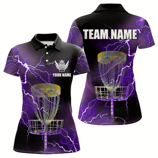 Goofygear Womens Disc Golf Polo Shirts Custom Purple Lightning Thunder Disc Golf Basket Team Disc Golf Outfit