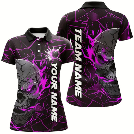 Goofygear Custom Purple Flame Skull Bowling Shirts For Women, Halloween Bowling Team Outfits