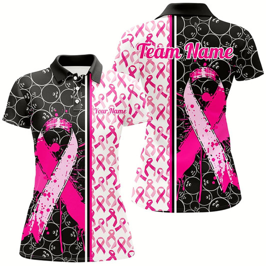 Goofygear Black And Pink Custom Breast Cancer Awareness Pink Ribbon Bowling Shirts For Women
