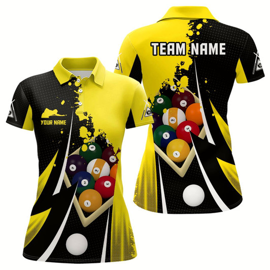 Goofygear Personalized 9 Ball Pool Billiard Balls 3D Black Yellow Polo Shirts For Women, 9 Ball Billiard Shirts