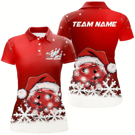 Goofygear Red Snowflake Custom Christmas Bowling Shirts For Women, Santa Bowling Team Outfit Shirt