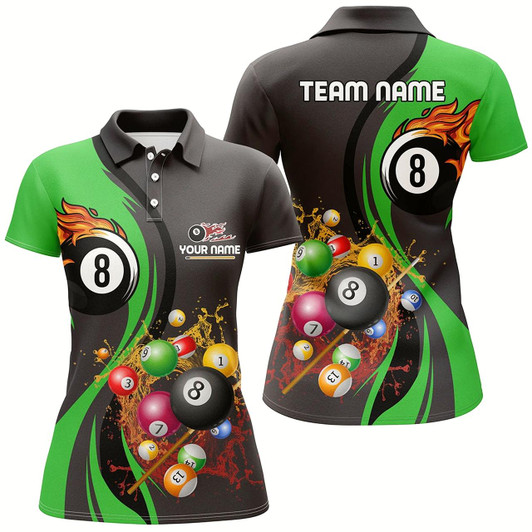 Goofygear Personalized Customized Fire And Water 8 Ball Pool Billiard Balls Green Polo Shirts For Women