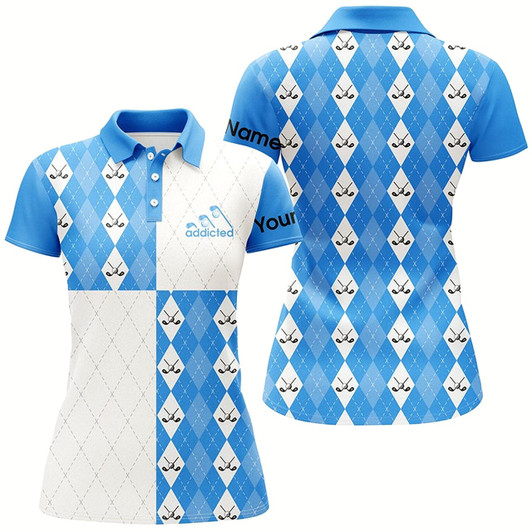 Goofygear Golf Addicted Womens Golf Polo Shirts Custom Name Blue And White Golf Ball Clubs Argyle Plaid Pattern