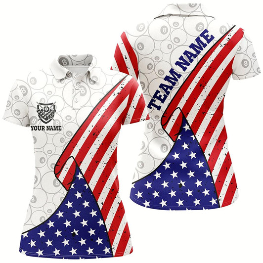 Goofygear Personalized American Flag Billiards Polo Shirts For Women, Custom 8 Ball Pattern Billiards Jerseys