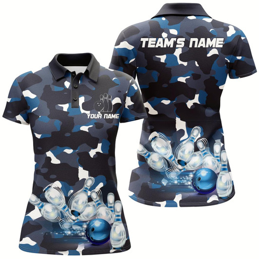 Goofygear Blue Camo Bowling Women'S Polo Shirt, Custom Team Name Short Sleeve Ladies Bowling Jersey