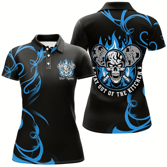 Goofygear Custom Flame Skull Pickleball Polo Shirts For Women'S "Stay Out Of The Kitchen" Blue