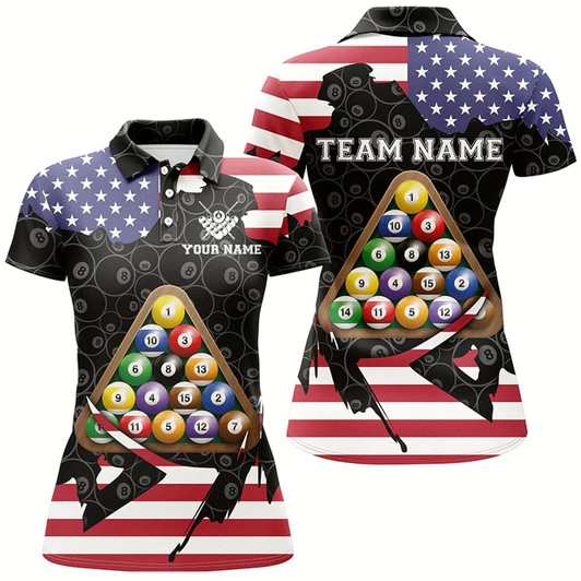 Goofygear Personalized Us Flag Billiard Balls Polo Shirts For Women, Custom 8 Ball Pattern Billiard Jerseys