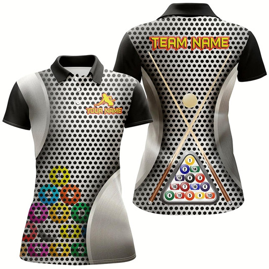 Goofygear Personalized Billiard Balls Black Grey 3D Polo Shirts For Women, Custom Name Pool Player Jerseys