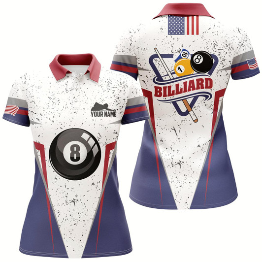Goofygear Personalized 8 Ball Pool Player White Grunge Polo Shirts For Women, Custom Billiard Balls Jerseys
