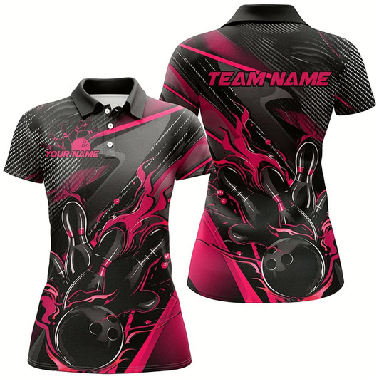 Goofygear Black And Pink Custom Flame Bowling Shirts For Women, Fire Bowling Team Shirt Bowler Jersey