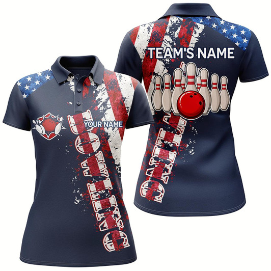Goofygear Patriotic Women'S Polo Bowling Shirt, Custom Name Ladies Bowlers Jersey Short Sleeve American Flag
