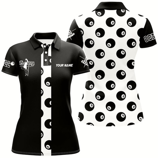 Goofygear Personalized 8 Ball Pool Pattern Black White Billiard 3D Polo Shirts For Women, Billiard Jerseys