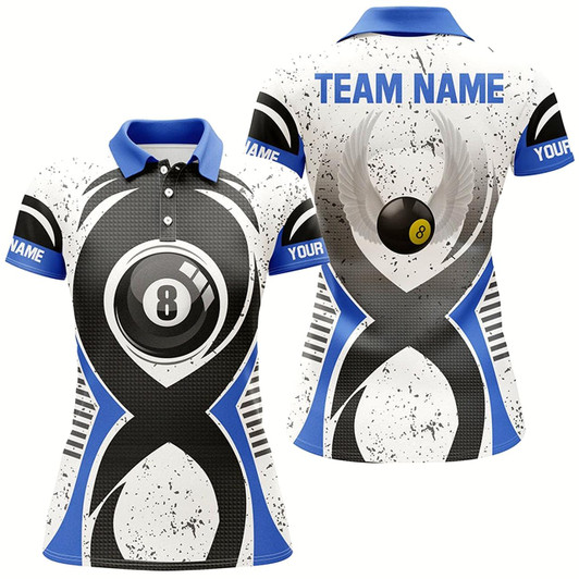 Goofygear Personalized 8 Ball Pool Blue White Grunge Billiard Polo Shirts For Women, Custom Billiards Jerseys