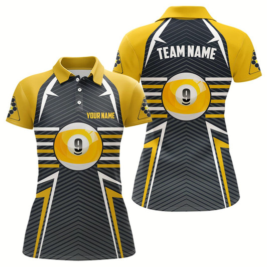 Goofygear Personalized 9 Ball Pool Billiards Yellow Grey Polo Shirts For Women, Custom Pool Billiards Jerseys
