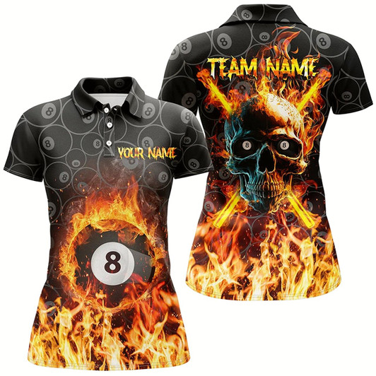 Goofygear Personalized Billiard Skull 8 Ball Flame Billiard 3D Polo Shirts For Women, Custom Billiards Jerseys