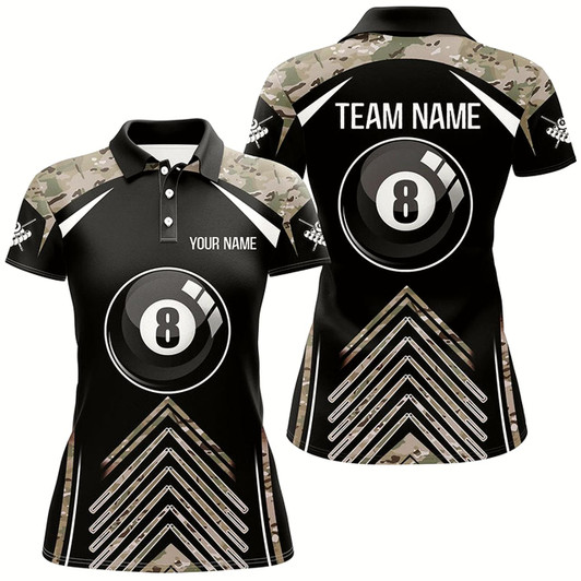 Goofygear Personalized Camo Black Billiard 8 Ball Pool Polo Shirts For Women, Custom Name Billiards Jerseys Style 2