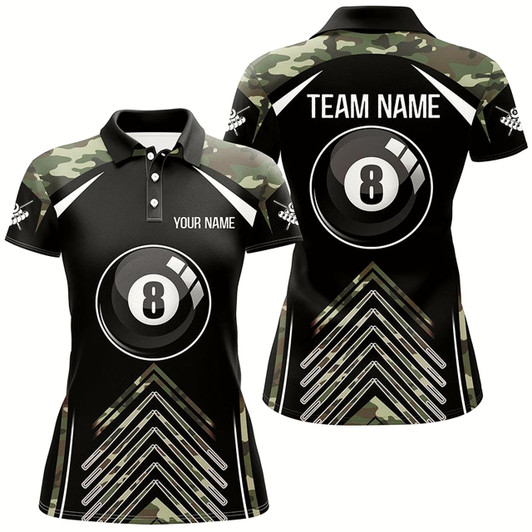 Goofygear Personalized Camo Black Billiard 8 Ball Pool Polo Shirts For Women, Custom Name Billiards Jerseys Style 3