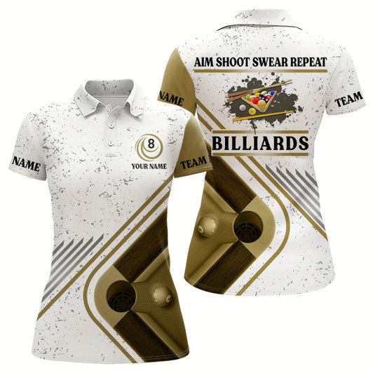 Goofygear Billiard Aim Shoot Swear Repeat Custom Billiard White Grunge Polo Shirts For Women, Billiard Jerseys