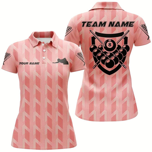 Goofygear Personalized 8 Ball Billiards Pink 3D Polo Shirts For Women, Custom Name Players Billiards Jerseys