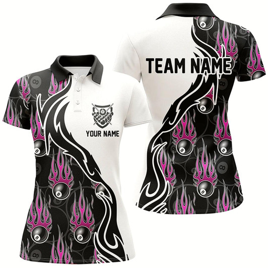 Goofygear Personalized Billiard 8 Ball Flaming Pattern Pink 3D Polo Shirts For Women, Billiards Team Jerseys