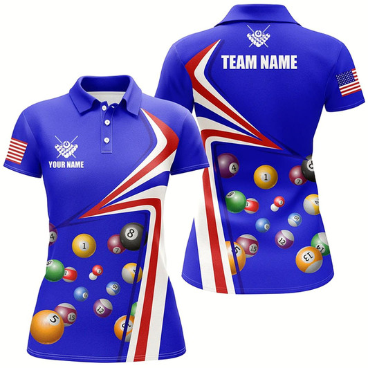 Goofygear Personalized Us Flag Billiard Balls Blue 3D Polo Shirts For Women, Custom 8 Ball Pool Jerseys