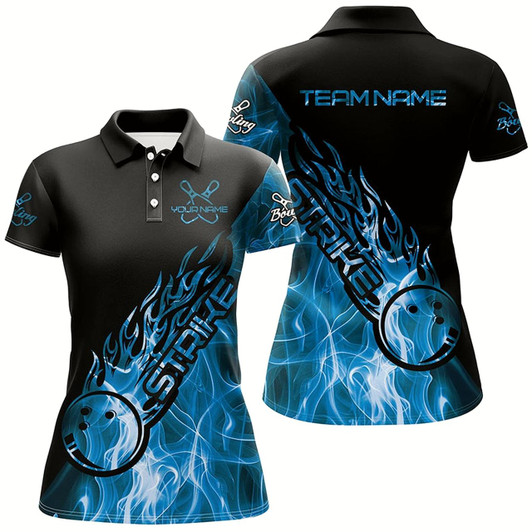Goofygear Custom Blue Flame Bowling Shirts For Women, Bowling Team Shirts Bowling Strike