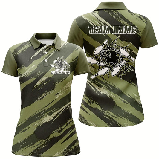 Goofygear Custom Navy Green Camo Bowling Shirts For Women, Bowling Strike Team Shirts