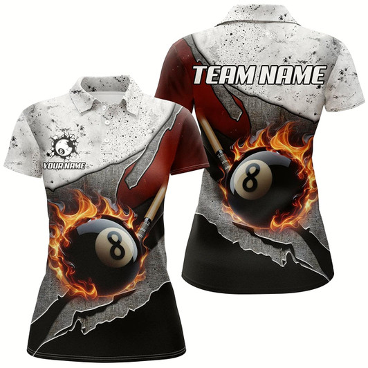 Goofygear Personalized Grey Grunge Fire 8 Ball Pool Billiard Women Shirts Custom Pool Player Shirts