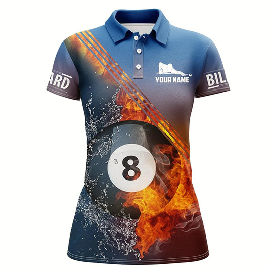 Goofygear Personalized Fire And Water 8 Ball Billiard 3D Polo Shirts For Women, Custom Name Billiard Jerseys