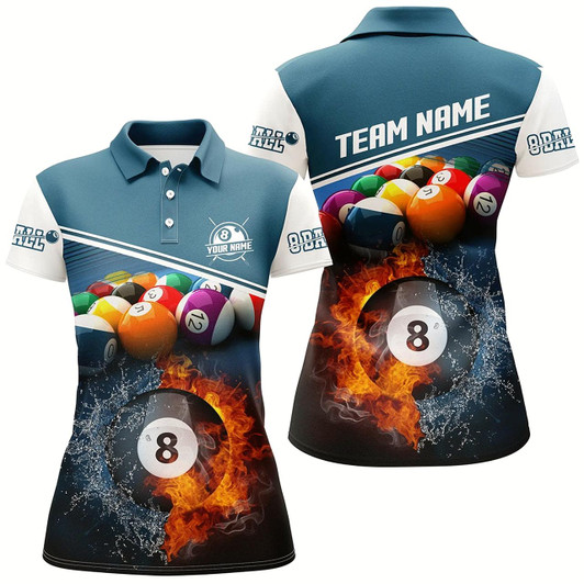 Goofygear Personalized Fire And Water 8 Ball Billiards Blue 3D Polo Shirts For Women, Custom Billiards Jerseys