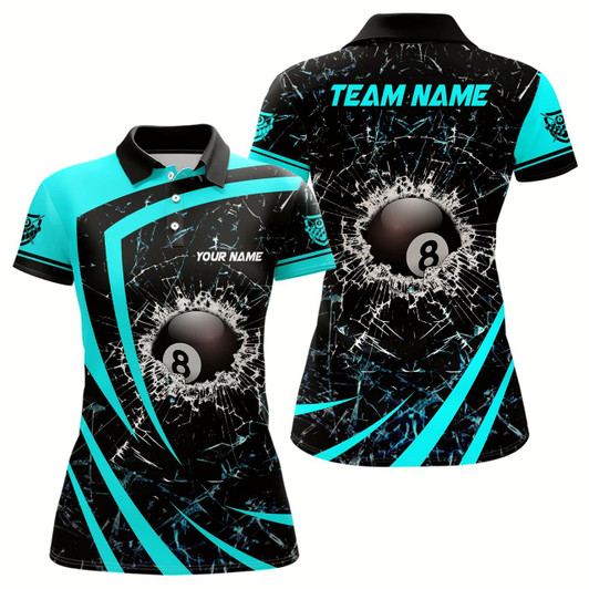 Goofygear Personalized Blue Glass Break 8 Ball Billiard 3D Polo Shirts For Women, Custom Billiard Jerseys