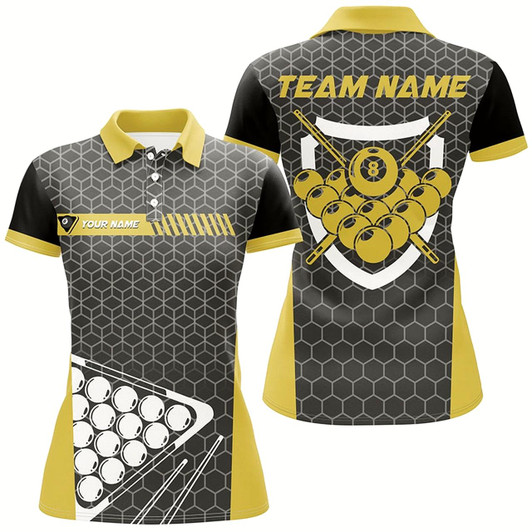 Goofygear Personalized Yellow Billiard Balls 3D Polo Shirts For Women, Custom 8 Ball Pool Billiards Jerseys