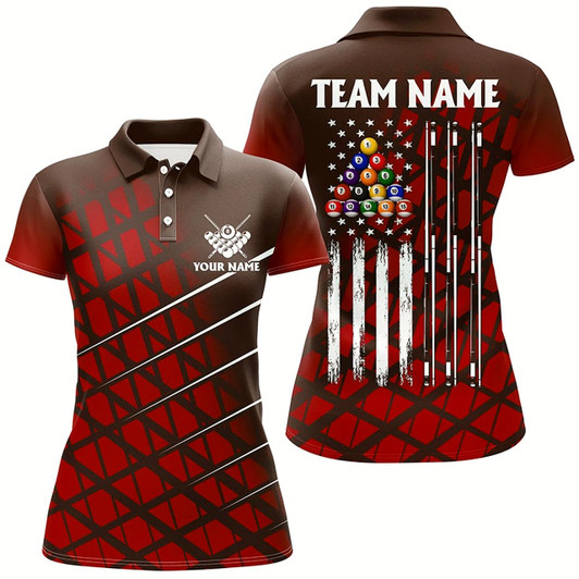 Goofygear Personalized Red Grunge American Flag Women Billiard Shirt Custom Patriotic Pool Player Jersey Shirts