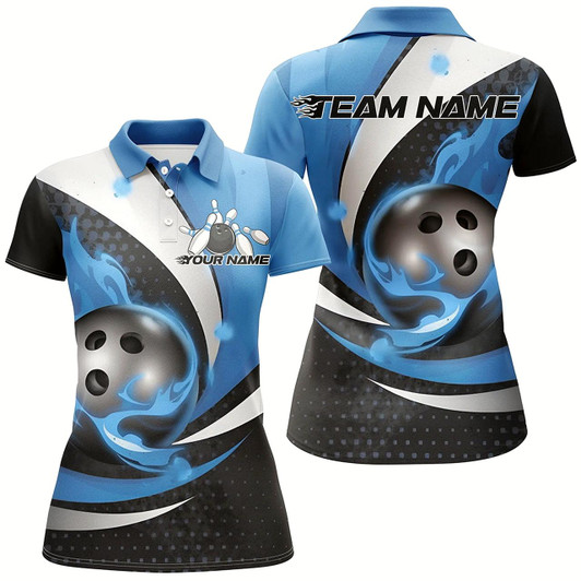 Goofygear Black And Blue Flame Custom Bowling Shirts For Women, Bowling League Shirts Bowler Outfits