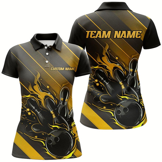 Goofygear Black And Gold Custom Bowling Team Shirts For Women, Bowling Tournament Jerseys