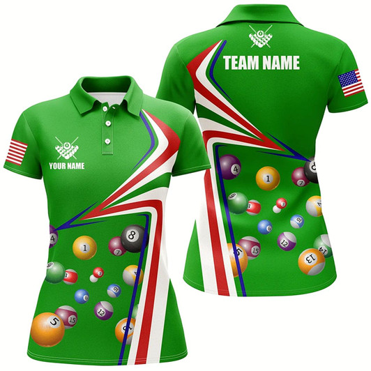Goofygear Personalized Us Flag Billiard Balls Green 3D Polo Shirts For Women, Custom 8 Ball Pool Jerseys