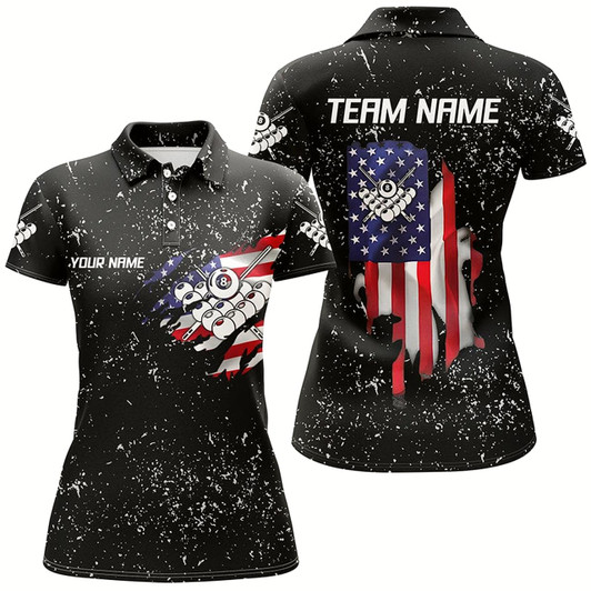 Goofygear Personalzied Us Flag 8 Ball Pool Black Grunge 3D Polo Shirts For Women, Custom Billiards Jerseys