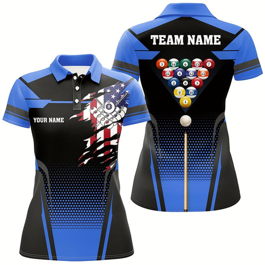 Goofygear Personalized 8 Ball Pool Us Flag Billiard Blue 3D Polo Shirts For Women, Custom Billiards Jerseys